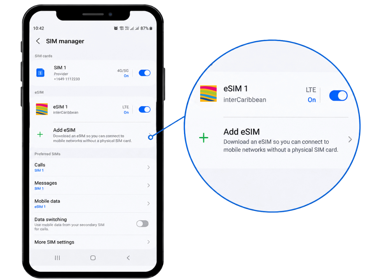 Phone settings screen showing where to find the Add eSIM option