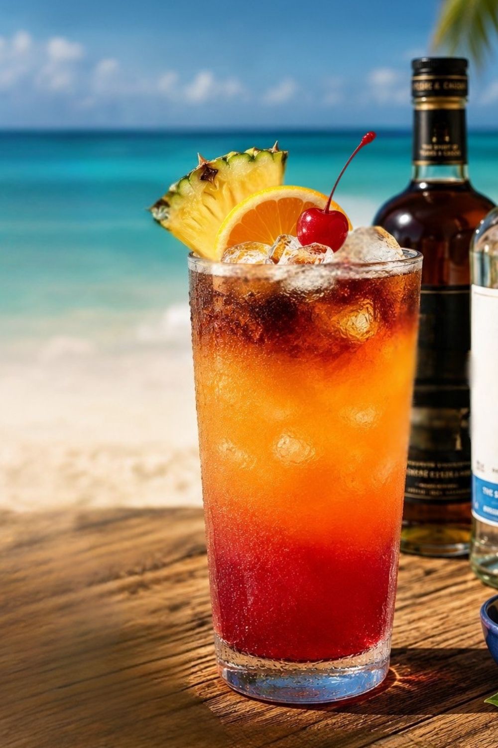 Caribbean rum punch served beside turquoise water in Turks and Caicos