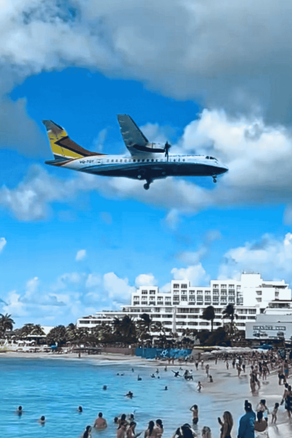 Aircraft flying low over Maho Beach in St Maarten